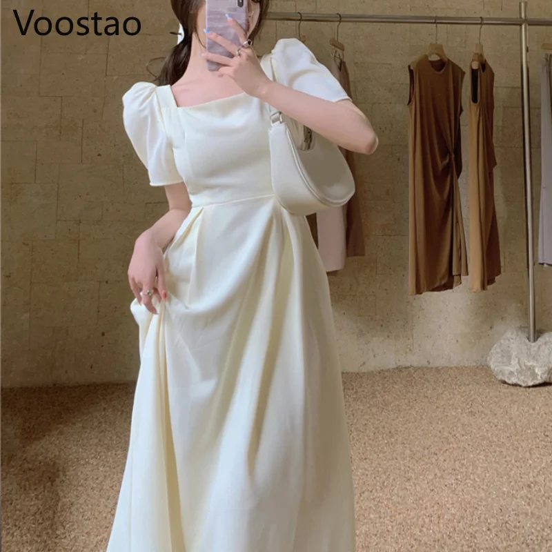 

Летнее женское элегантное милое платье миди с буффами на рукавах Женские винтажные шик с квадратным воротником для принцессы вечерние плат...