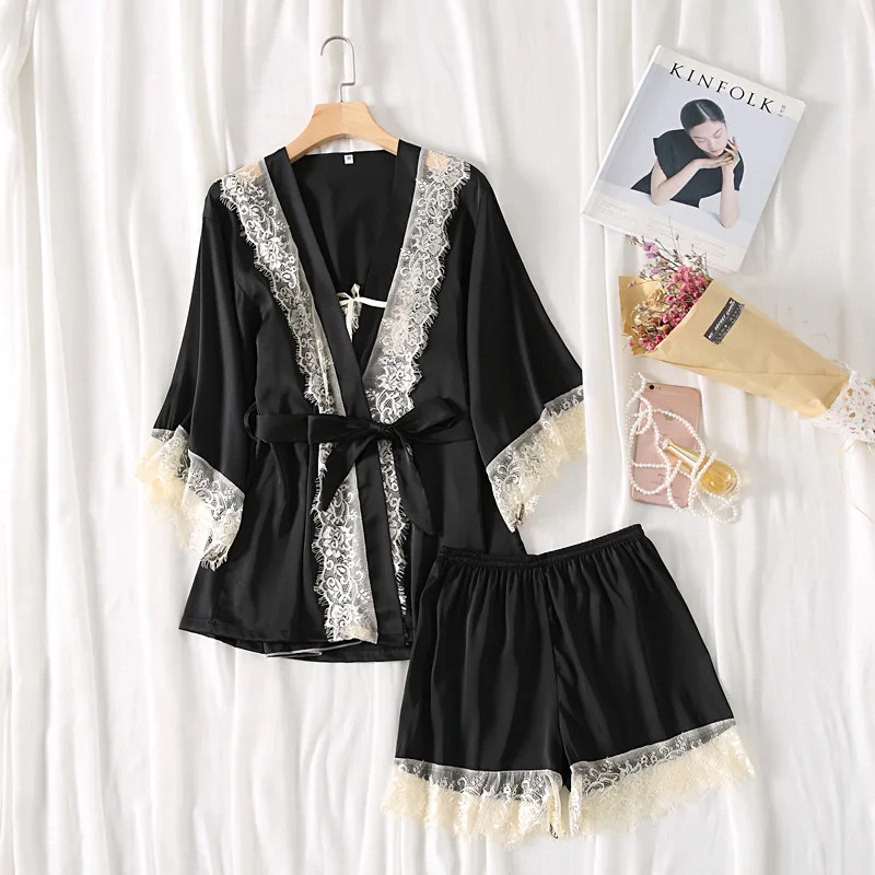 3 шт. пижама комплект для сна женское сексуальное кружевное ночное белье темно