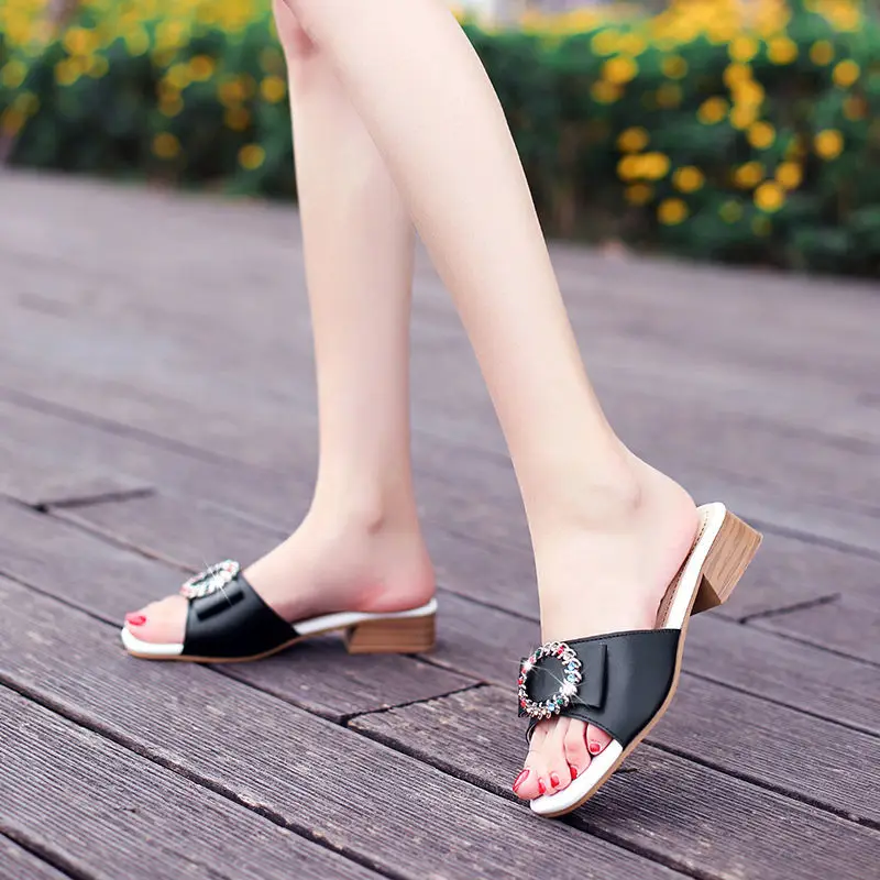 

Summer mid-heel square-toe thick heel rhinestone new slippers