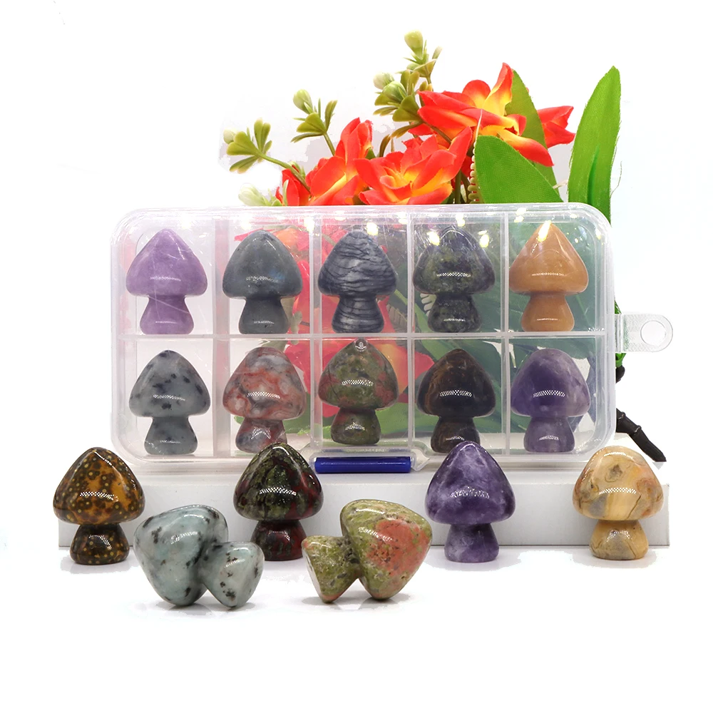 

10PCS/ Set Mushroom Figurine Natural Stone Carved Crafts Jewelry Decor Healing Crystal Statue Gift Box Lots Items Wholesale Bulk