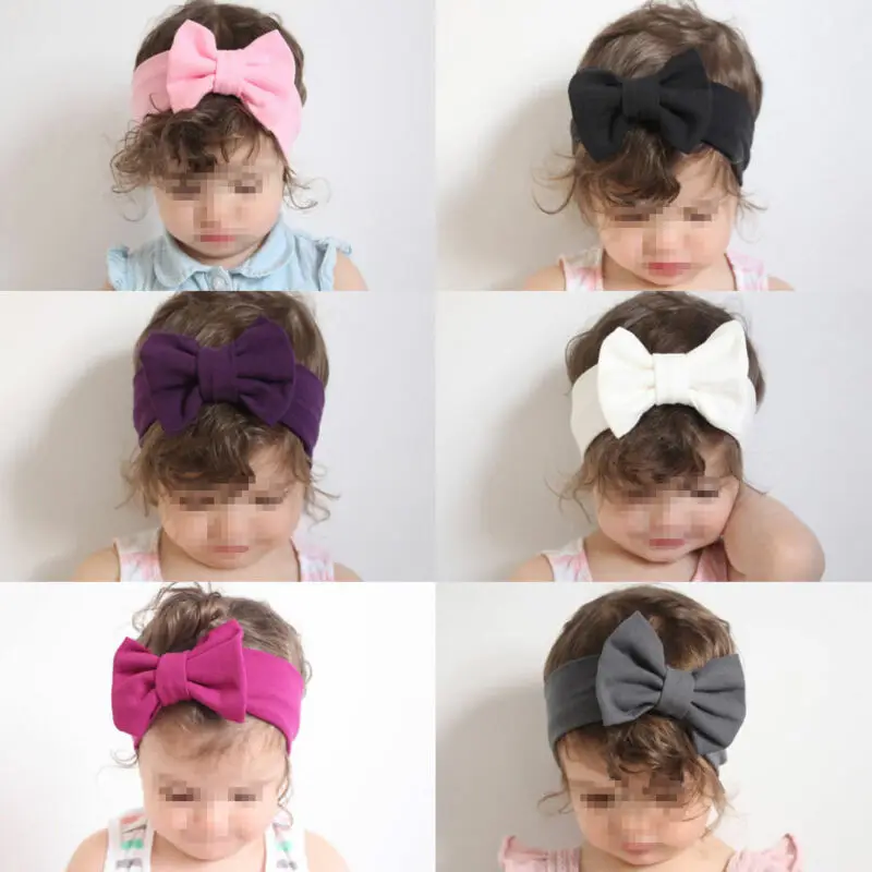 Модная детская однотонная повязка на голову с большим бантом для маленьких