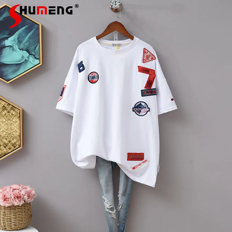 

2021 Summer European Short Sleeve T-shirt Cotton Loose Plus Size Fashionable Bottom Tee Sequins Fashion Simple Western Style Top