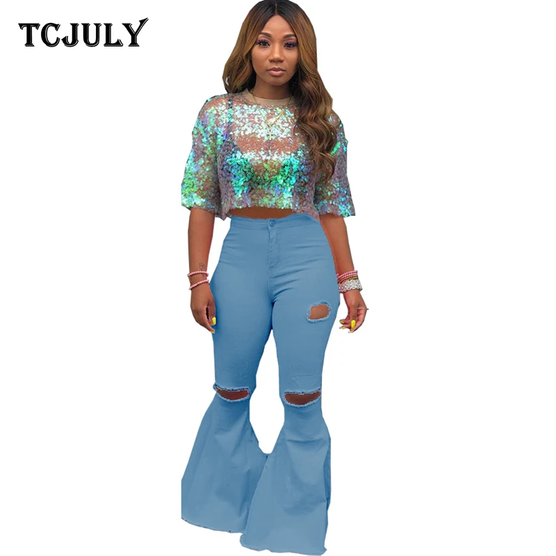TCJULY Лидер продаж однотонные рваные расклешенные джинсы для женщин обтягивающие