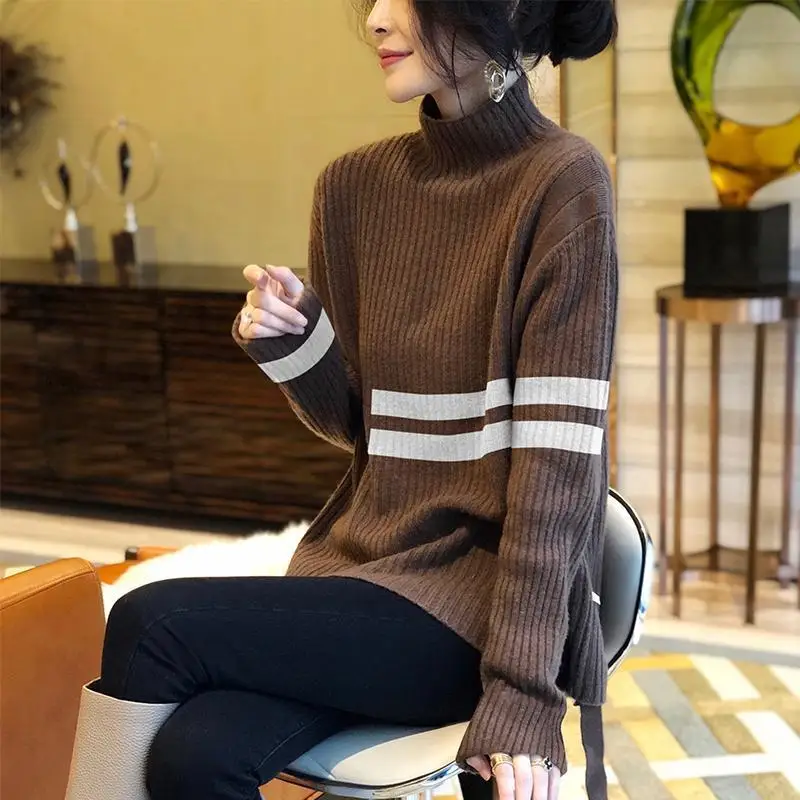 

Design sense split high neck sweater women's loose knit autumn winter 2021 NEW