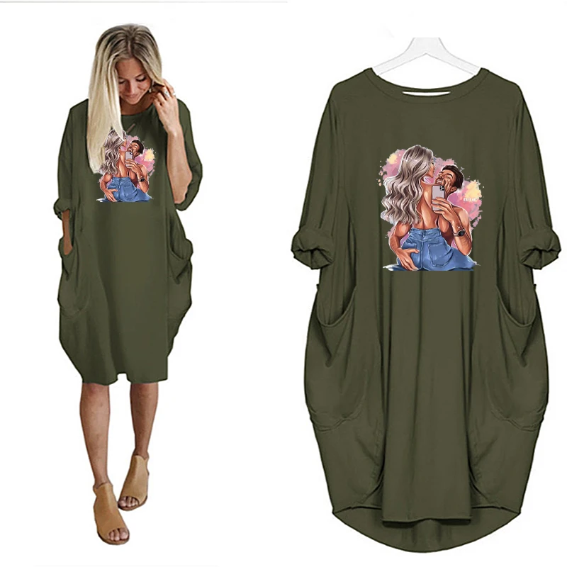 

Women Midi Dresses Long Sleeve Loose Dress Beach Pocket Cartoon Lovers Print Casual Party Vestidos Female Autumn Robe Femme