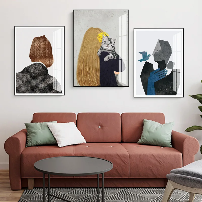 

Абстрактная модная Минималистичная Настенная картина с изображением девушки с котом, постеры и принты на холсте в скандинавском стиле, настенные картины для декора гостиной