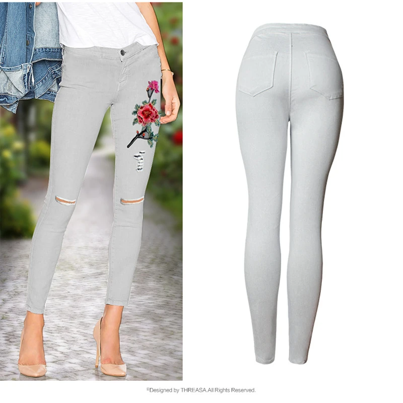 High Waist Leggins Jeans Pencil Pants Casual Stretch Skinny Ripped Flower Embroidery Denim Elastic Grey Jeggings Ladies Trousers | Женская