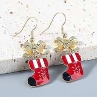 2021 christmas series alloy dripping oil christmas boots bow ear hook holiday earrings fashion jewelry for women girl gift