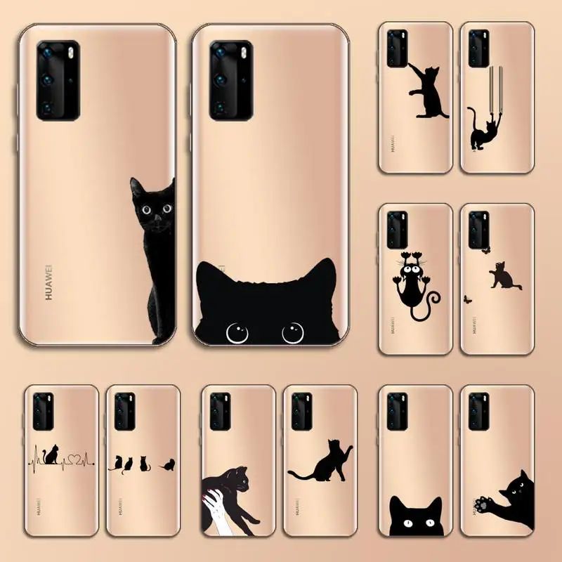 

black cat cartoon animal Phone Case Transparent for Huawei nove e 6 5 4 3 2 s i se pro lite luxury capa funda coque