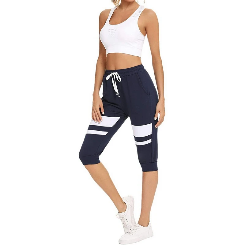

Puimentiua 2021 Sport Half Pants Women Summer Pants Fitness Trousers Hoody Pants Mid Waist Capri Pants Striped Calf-Length Pants