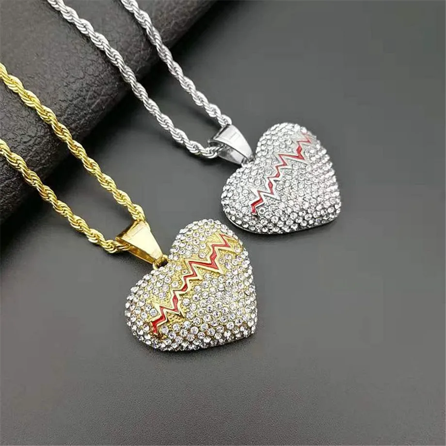 

Iced Out CZ Golden Broken Heart Pendant With Stainless Steel Rope Chain Gold Color Cubic Zircon Necklace Men's Hip Hop Jewelry