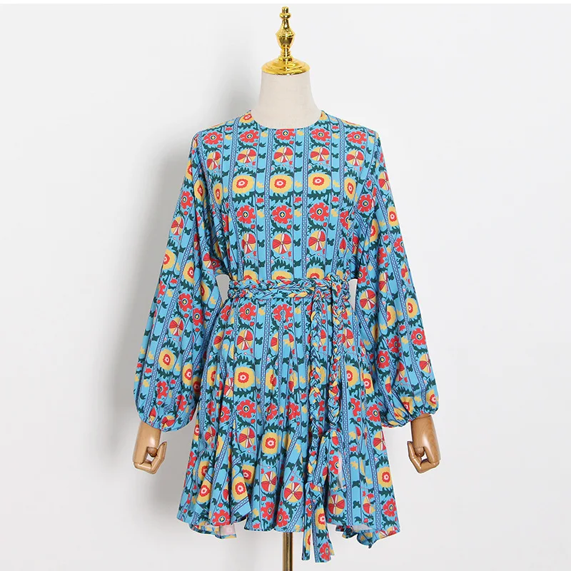 

2021 New Short A Lnie Skirt Beach Style Fashion Girls O Neck Puff Sleeve Floral Printing Lace Up Dress Women Vestidos Mujer