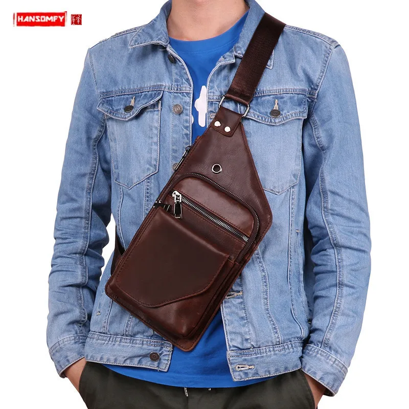 

Genuine Leather Men Chest Bag Fashion Men's Shoulder Messenger Bag Retro The Oil Wax Leather small crossbody bags Brown male