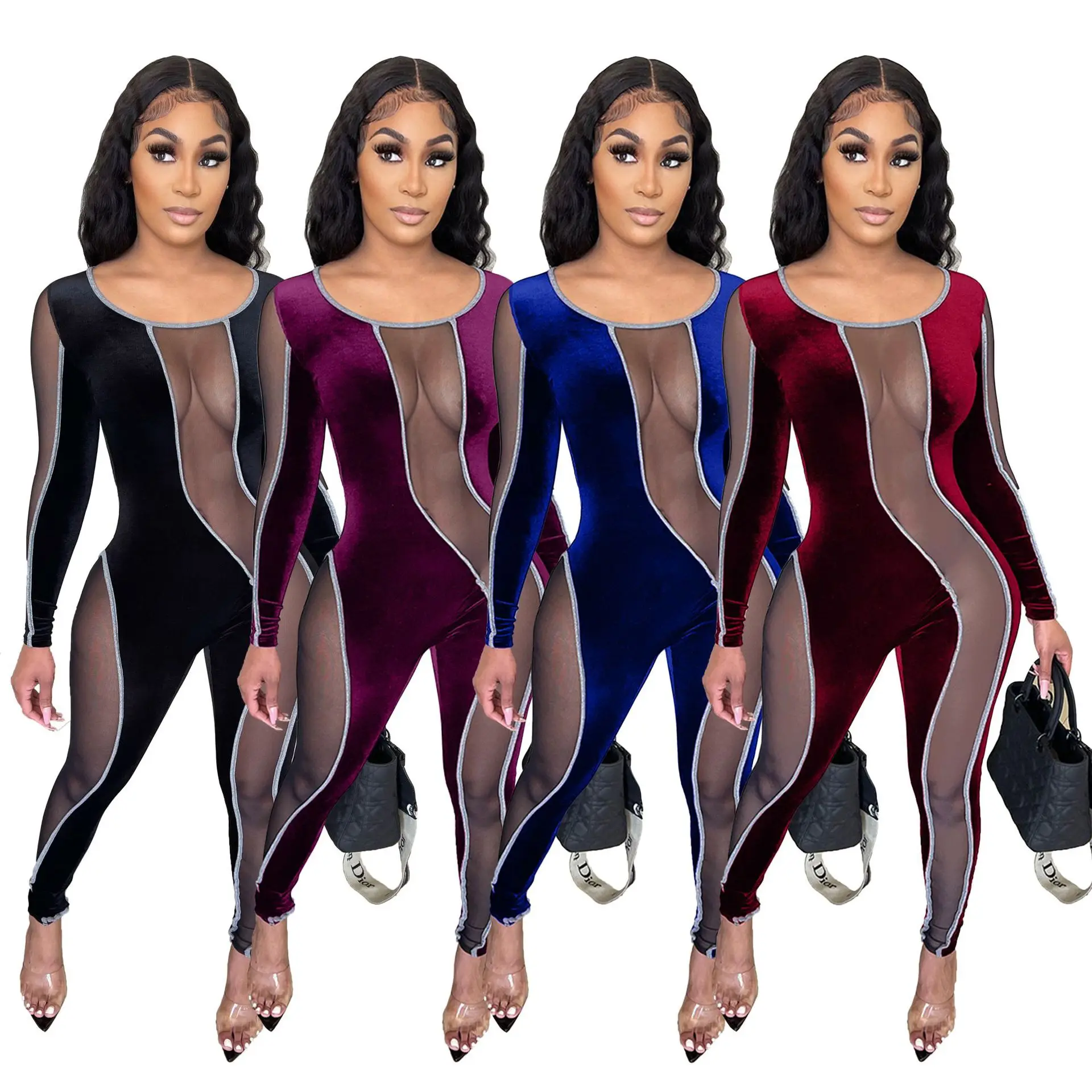 

New Women's Velvet Mesh Stitching Sexy Slim Jumpsuit