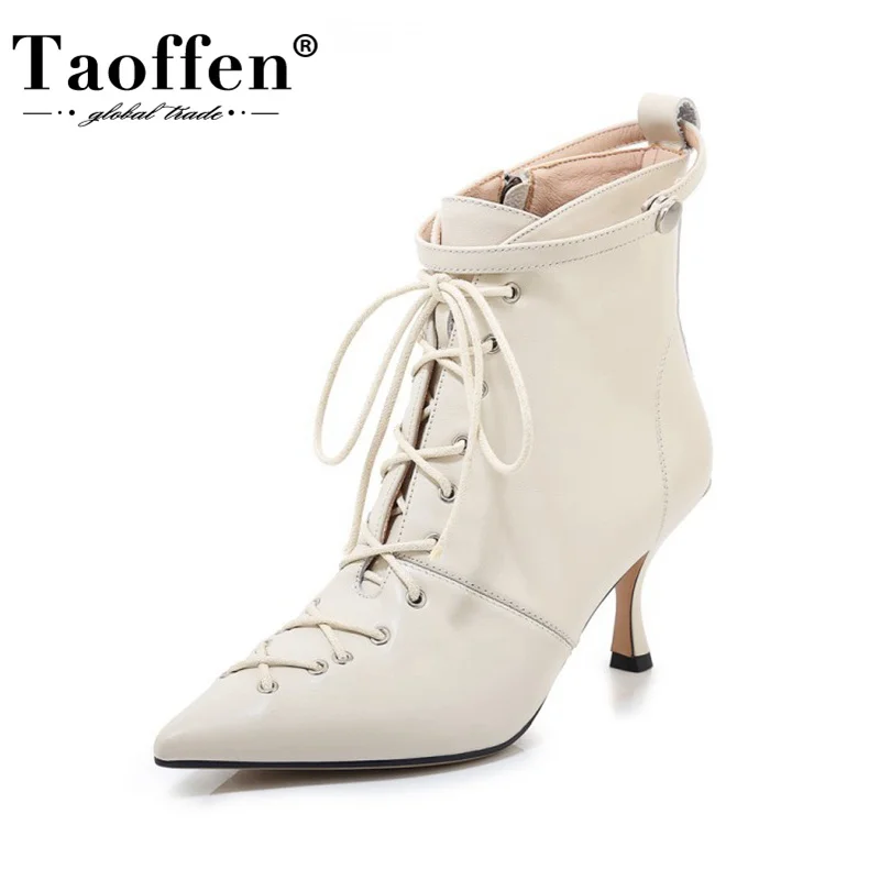 

TAOFFEN Genuine Leather Woman Ankle Boots Sexy Cross Strap Thin High Heel Winter Shoes Woman Office Fashion Footwear Size 33-40