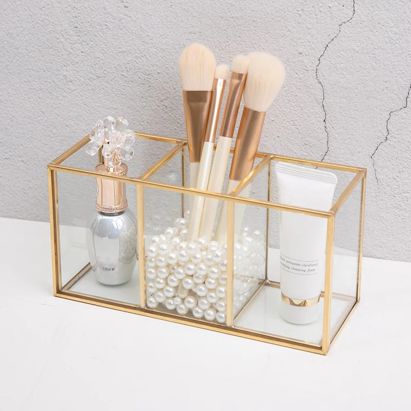 

Grid Glass Storage Box Simple Luxury Modern Cosmetics Display Case Organizer for Stationery Pen Brush REME889