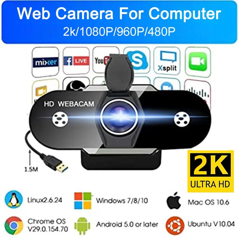 Веб-камера 2K с монитором микрофона веб-камерой Plug &amp Play USB Web a видеокамера для ПК