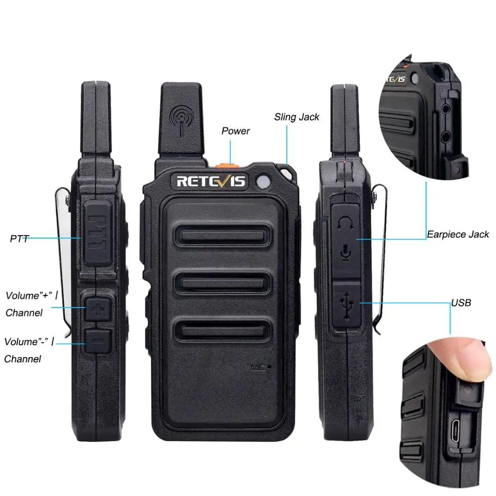 Retevis RT619 Mini Walkie Talkie 4pcs Radio Station Scrambler Ultrathin fuselage Two Way Portable PMR446 FRS VOX USB | Мобильные