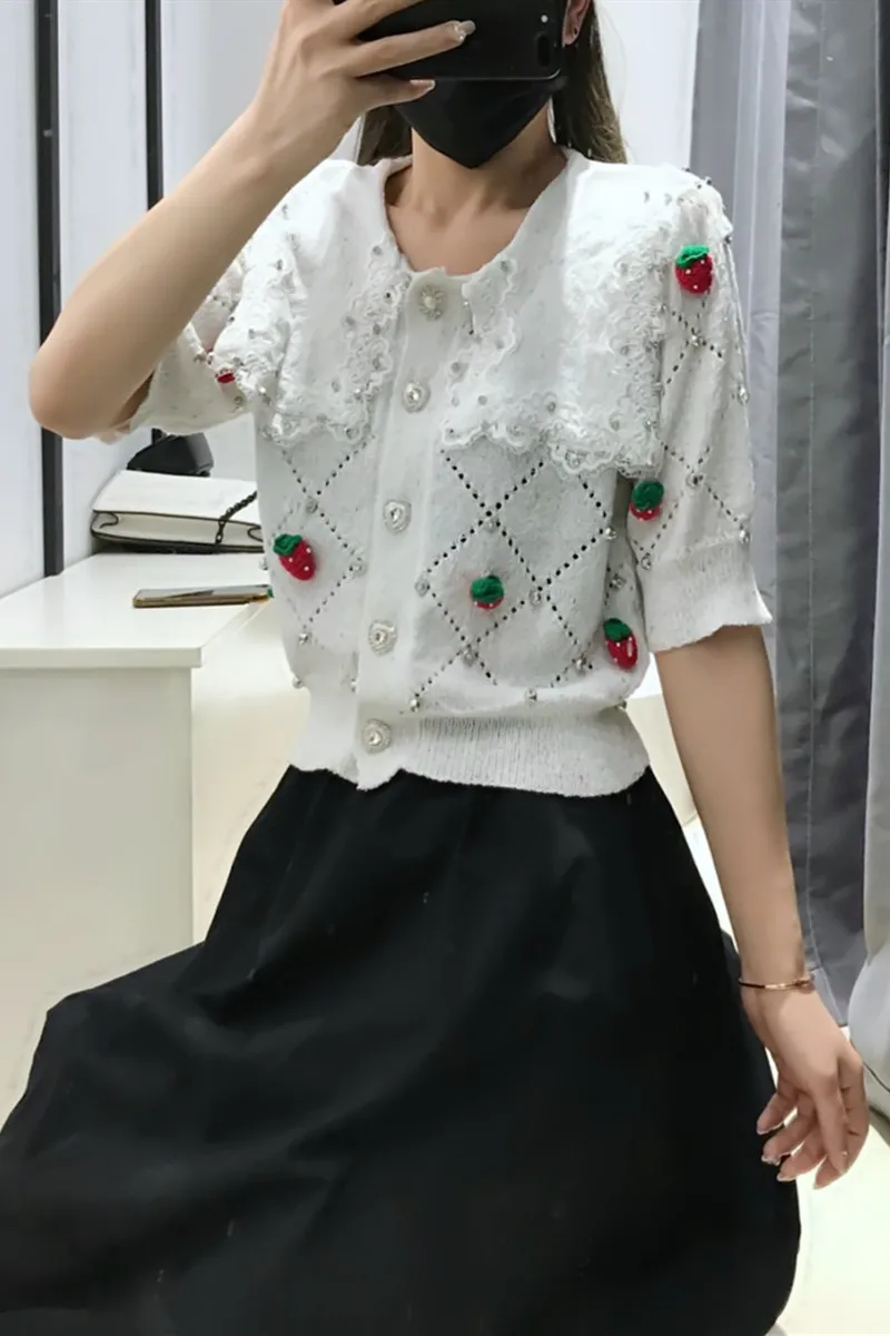 

2021 Summer New Retro Lace Square Collar Short Sleeve Knitted Tshirt Women's Tees Strawberry Diamond Tops Sweet Girls T-shirt
