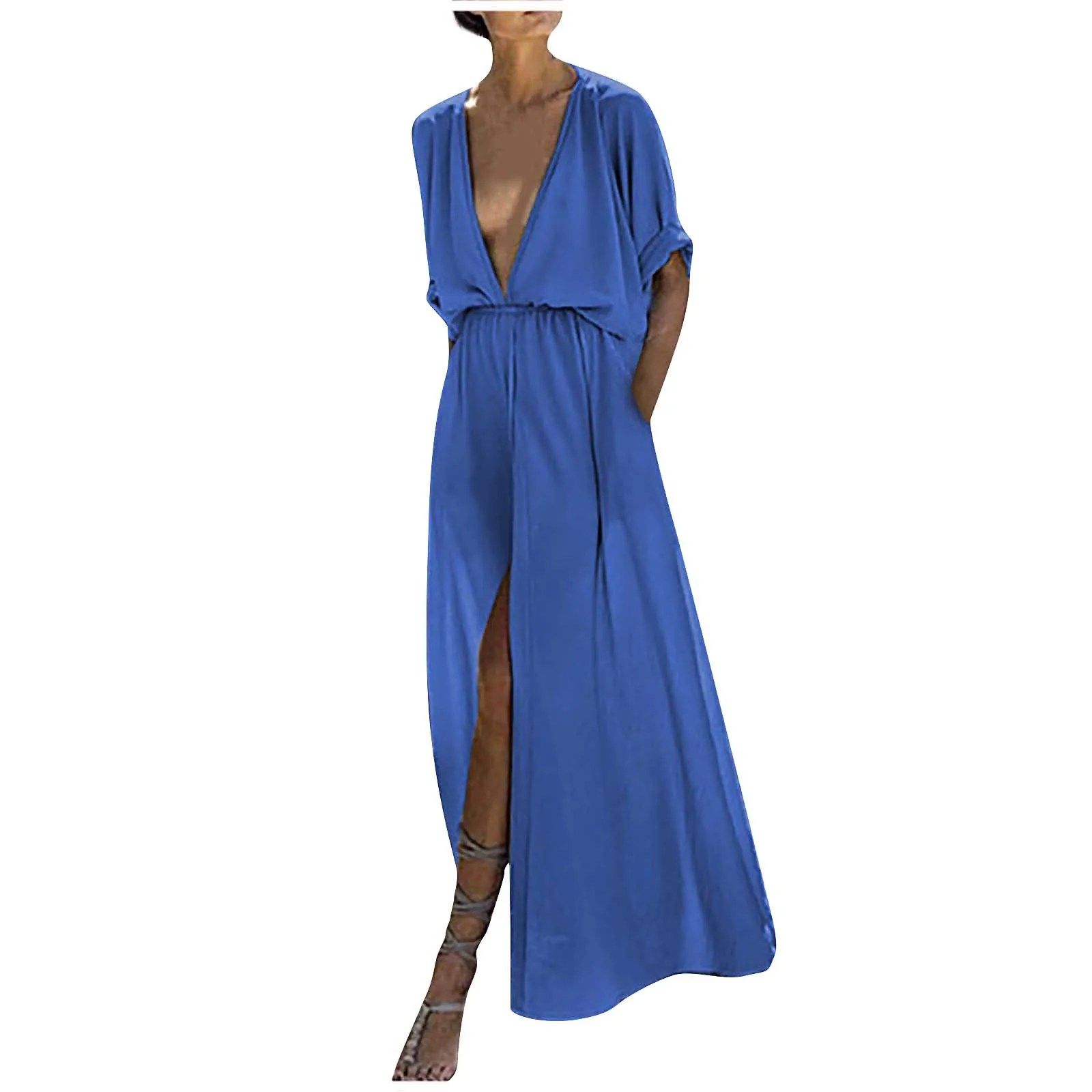 

Women's Dress Deep V-neck Casual Mid Sleeve Big Swing Slit Fahion Casual V-Neck Split Sexy Party Dress Robe Atmosphere 2021