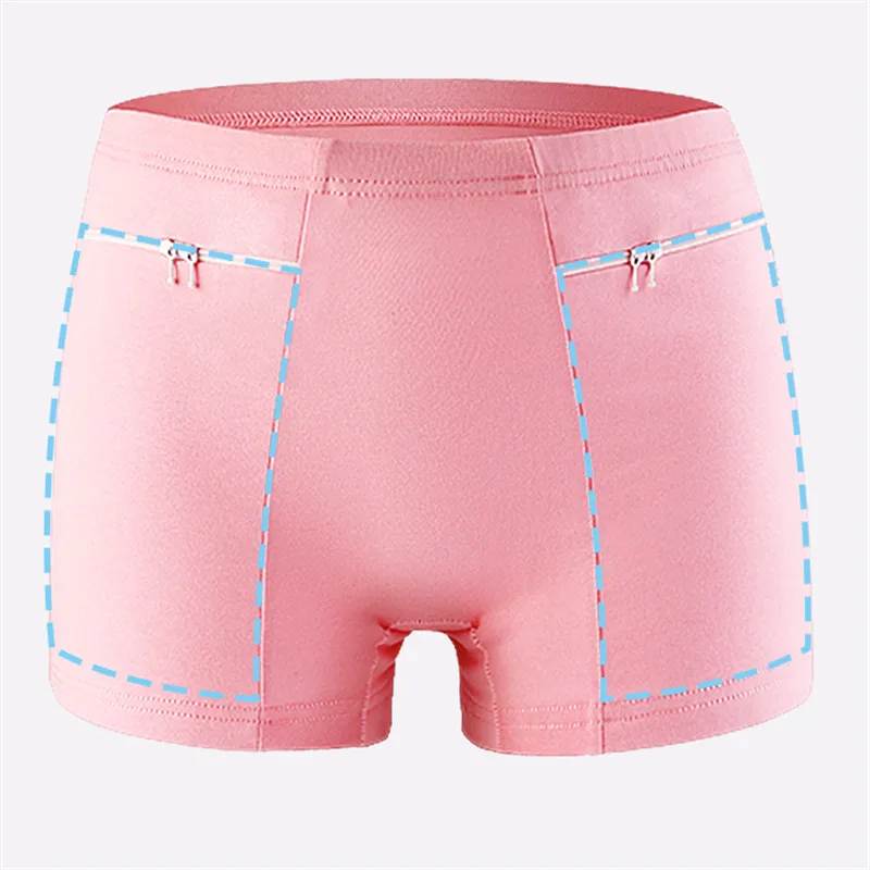Ladies Security Underpants Comfortable Stretch Cotton Womens Double Pockets And Double Zippers Panties Anti-theft Boxer Shorts