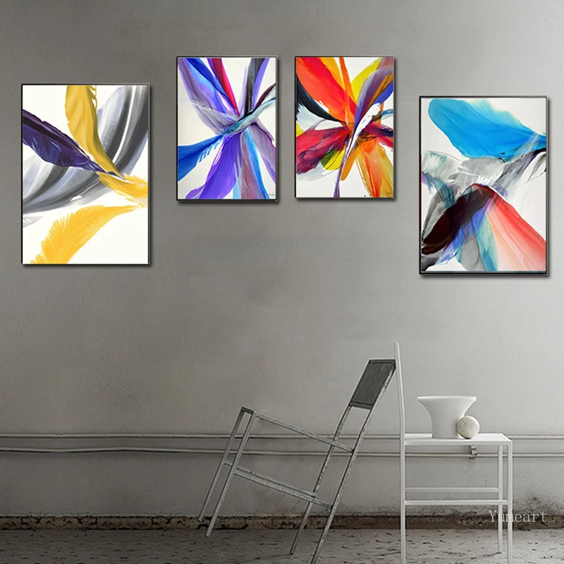Абстрактные красочные художественные картины на холсте с перьями для гостиной