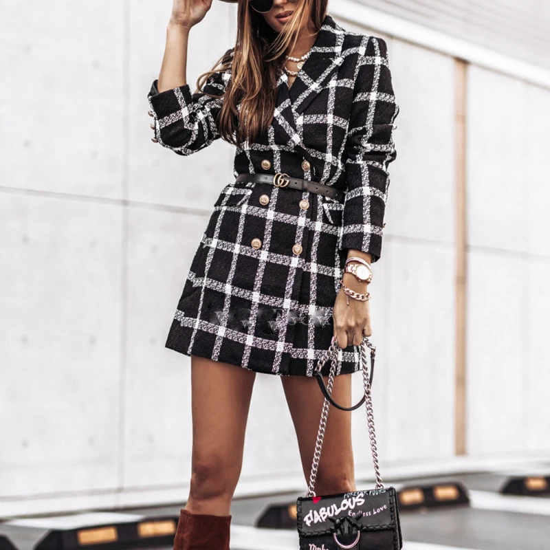 Женская клетчатая куртка на пуговицах двубортный офисный кардиган с отложным