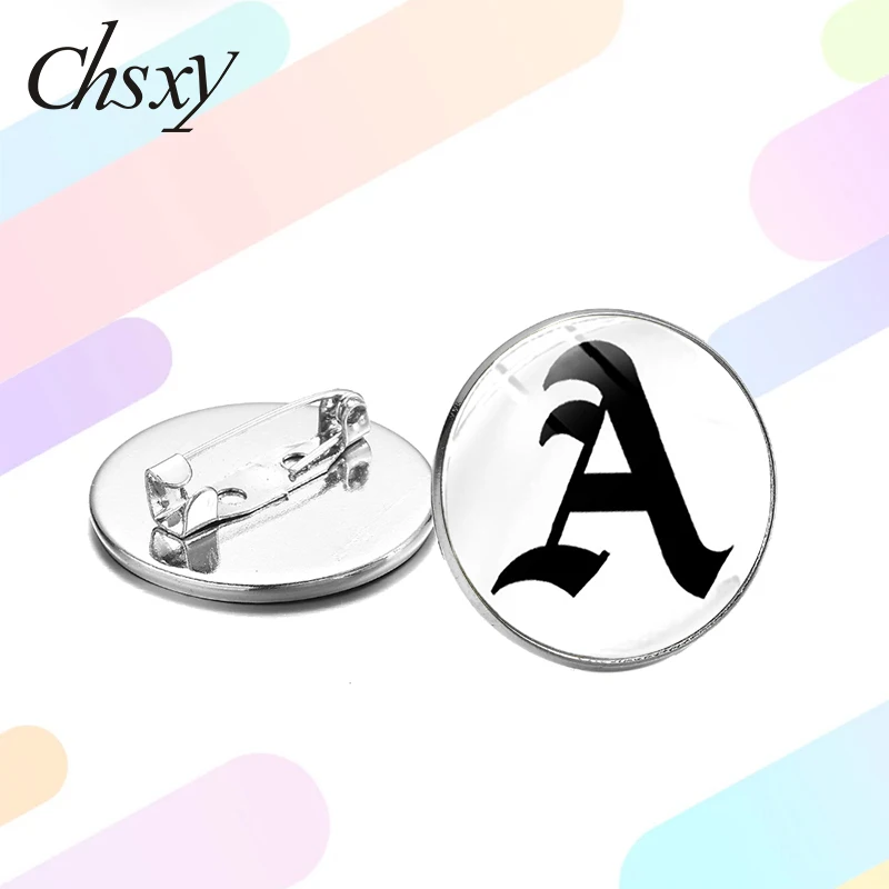 

A to Z 26 English Letters Brooch Pin Initial Name Badges Glass Cabochon Men Women Lapel Pins Brooches Jewelry Accessories Gifts