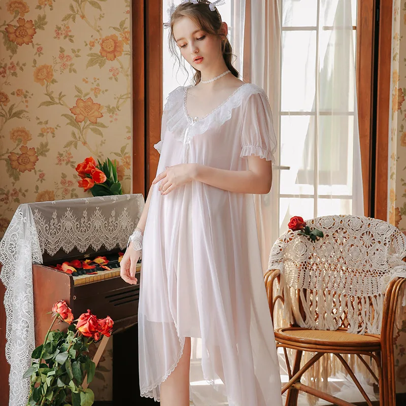 Roseheart Women Homewear White Pink Sexy Sleepwear Nightdress V Neck Lace Nightwear Long Luxury Nightgown Female Court Gown