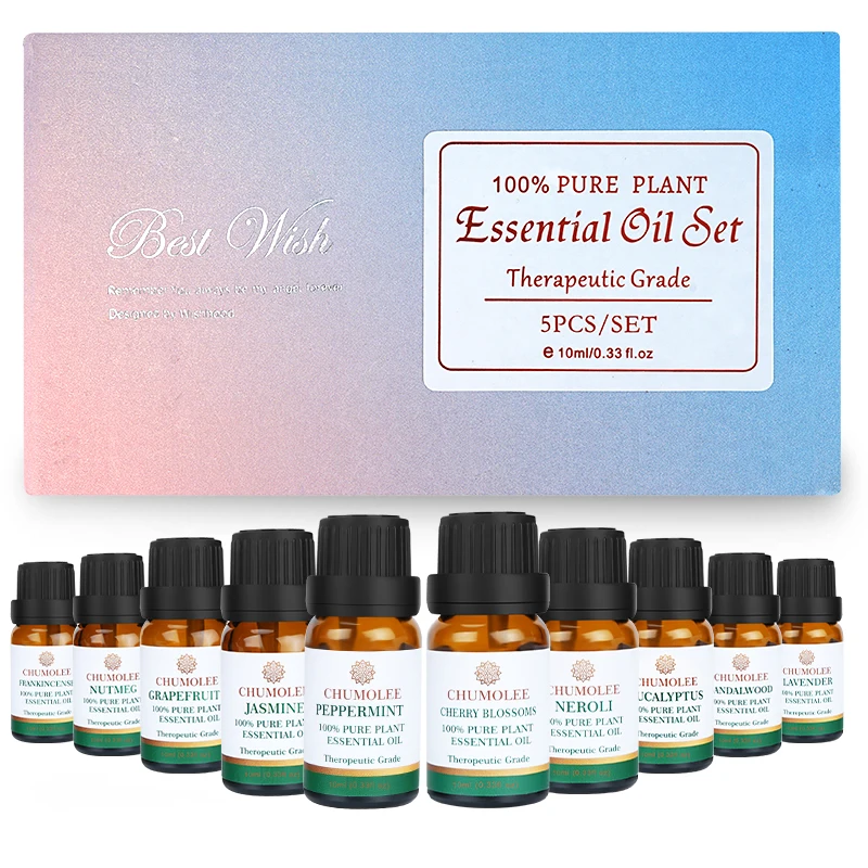 

Chumolee 10ML 5pcs Essential Oils Set Diffuser Aroma Oil Frankincense Lavender Sandalwood Jasmine Peppermint Essential Oils