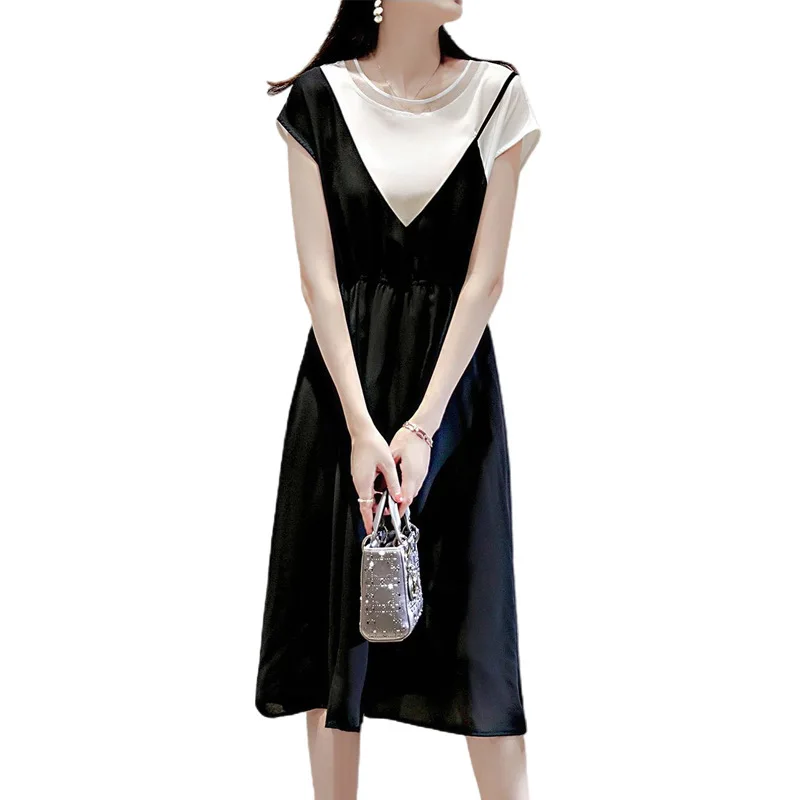 

Summer High Waist O-neck Hit Color Dresses for Women Temperament Office Lady One Piece Elegant Short Sleeve Vestido Feminino