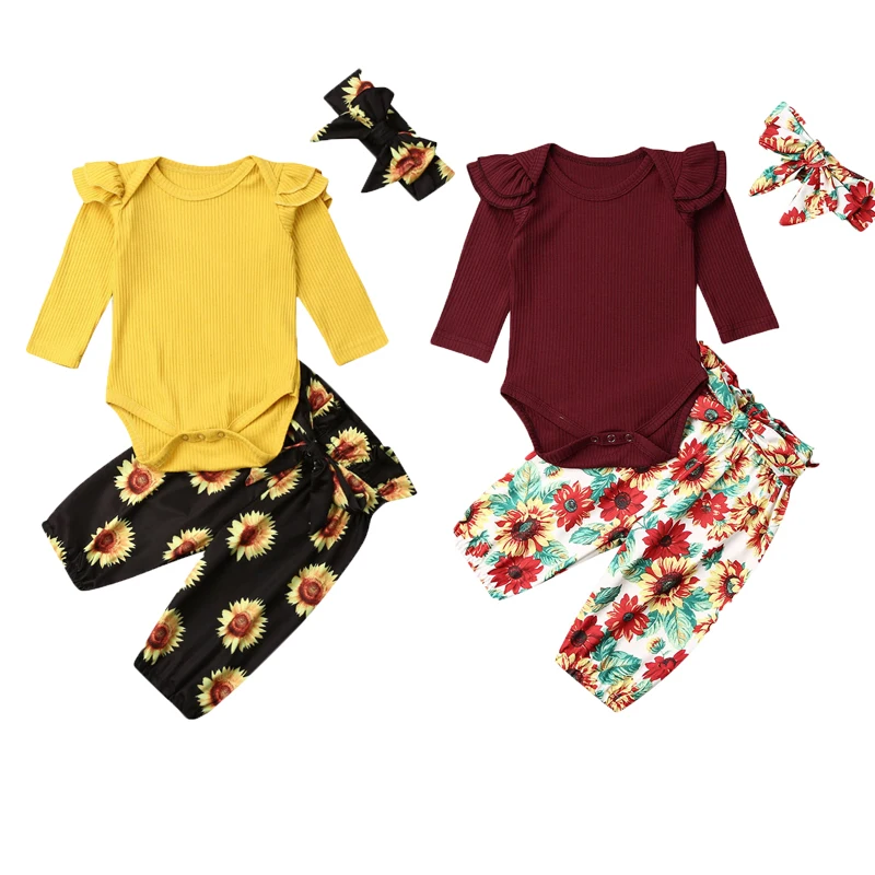 

Baby Girl Clothing Outfits 3Pcs Spring Autumn Baby Girl Cotton Clothes Ruffles Romper+Sunflower Harem Pants+Bow Hair Sets 0-24M