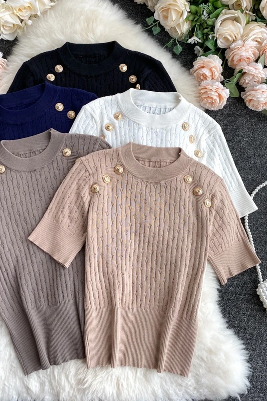 

Summer Thin Short Sleeve Knitted Woman Sweaters 2020 Casual Vintage Buttons pull femme
