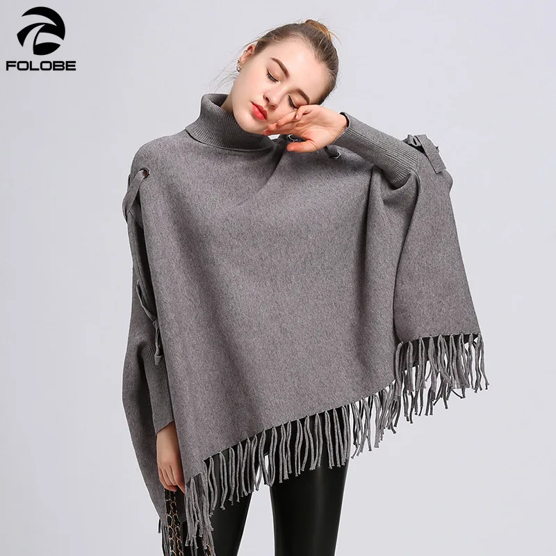 

2020 Spring Autumn Sweater Women fashion Outwear Loose Knit Turtle Neck Taseel Lace-up Poncho Pullover Sweater casaco feminino