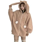 Худи женское с искусственным мехом, элегантная утепленная мягкая меховая толстовка на молнии, плюшевый свитшот с карманами и милыми кроличьими ушками, Осень-зима