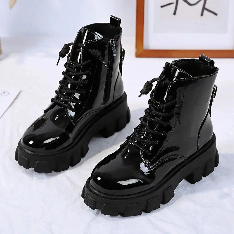 

Round Toe Med Heel Boots Women Shoes Autumn Boots-women Booties Ladies Lace Up Luxury Designer Lolita Black 2021 Rubber Flat New