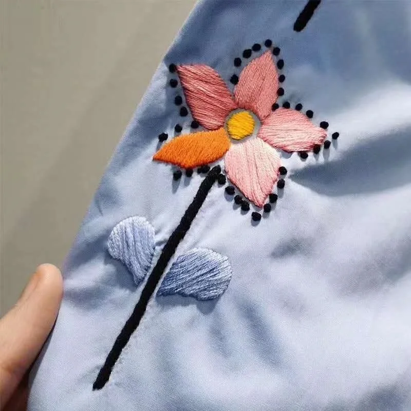 

High Quality Blue 2020 Spring Summer Fashionable Women Stand Neck Exquisite Embroidery Flower Patterns Long Sleeve Dress