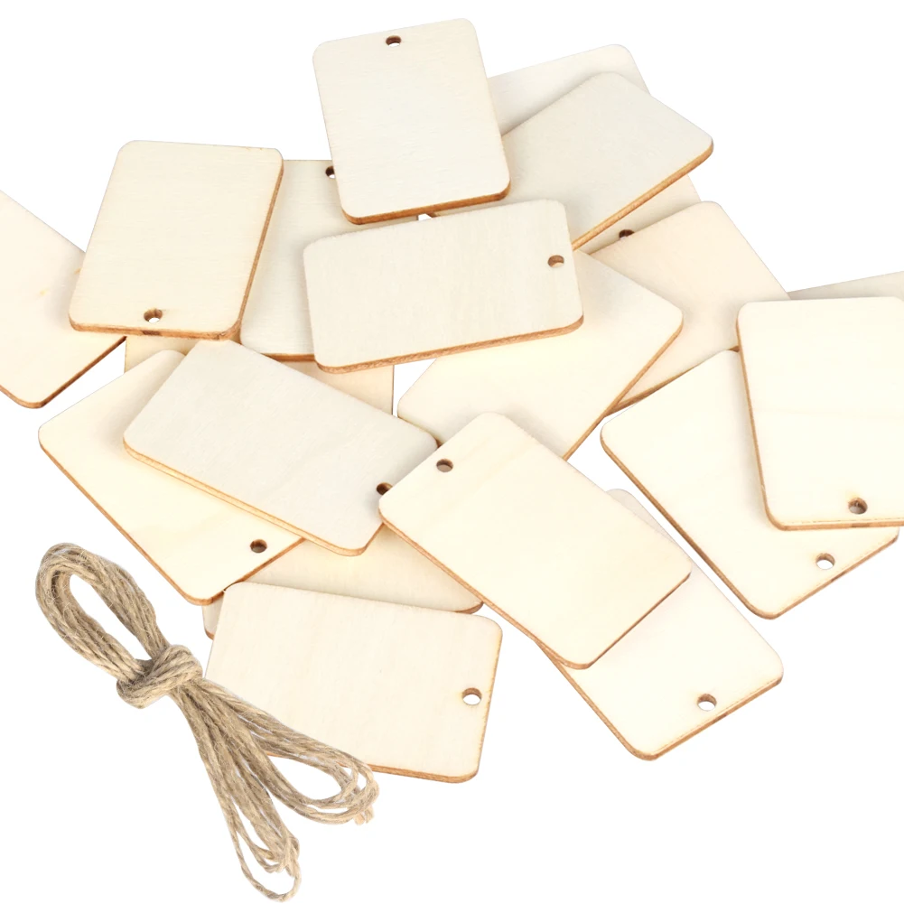 

50/100pcs Nature square Wooden Slices Gift Tags Rectangle Blank Unfinished Party Rope Tags Wedding Decor Hanging Label With Hemp