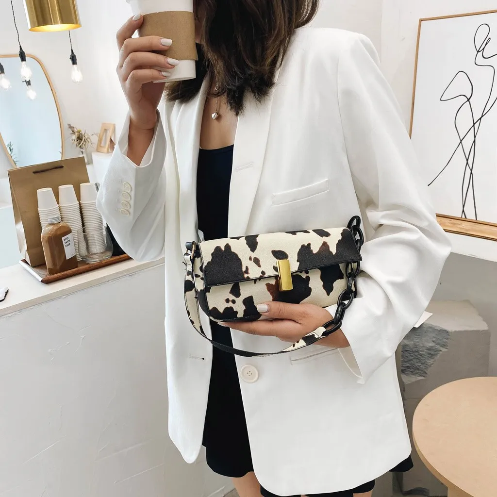 Винтажные кожаные женские сумочки Багет модные сумки с рисунком коровы на плечо