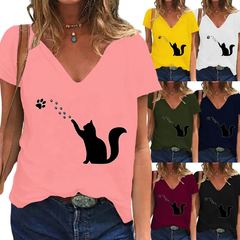 

Новое поступление, женская летняя модная футболка с коротким рукавом и V-образным вырезом, повседневная черная рубашка с принтом кошки, своб...