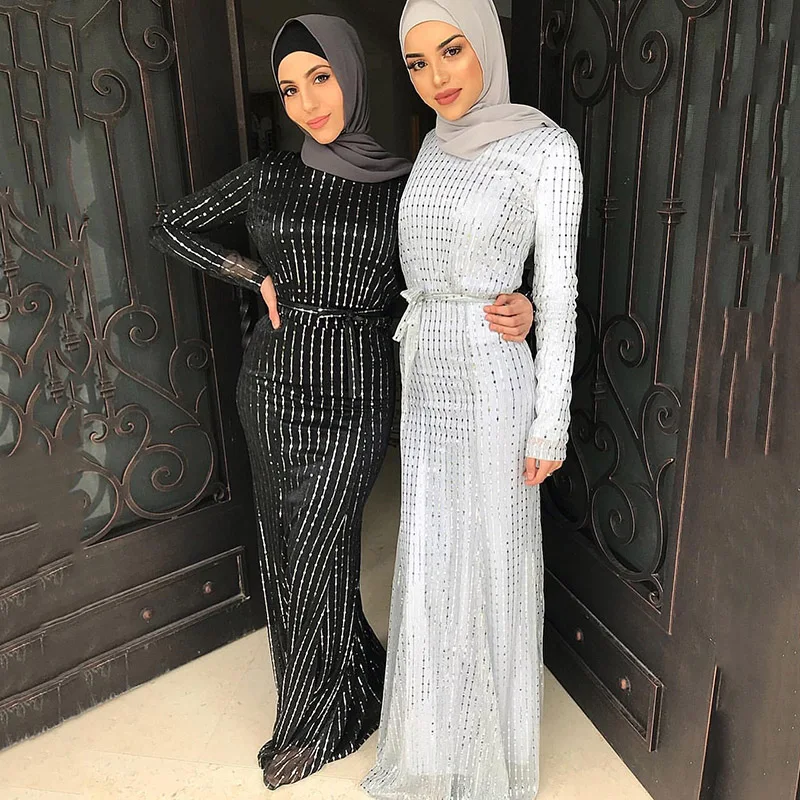 

Мусульманское модное вечернее платье в полоску с блестками, мусульманское женское платье, абайя, Рамадан, благородная облегающая юбка, араб...