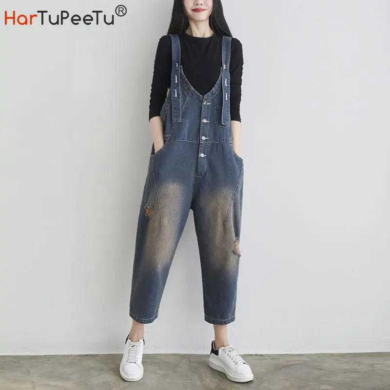 

Loose Denim Jumpsuit Women Spring Summer Korean Style Oversized Ankle-Length Ripped Jeans Pants Vintage Plain Baggy Cross-Pants