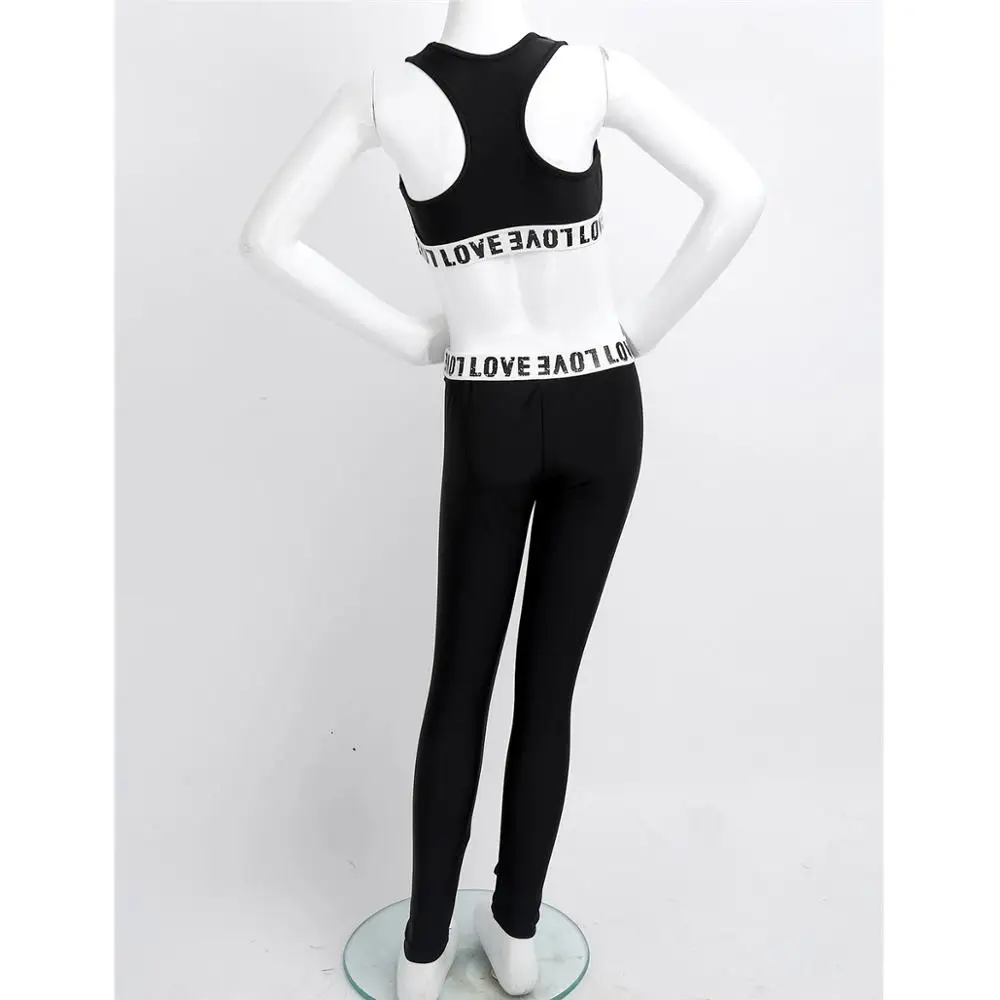 2PCS Children Sports Set Kids Girls Ballet Workout Fitness Suit Sport Outfit Letter Printed Sleeveless Tanks Crop Top + Leggings