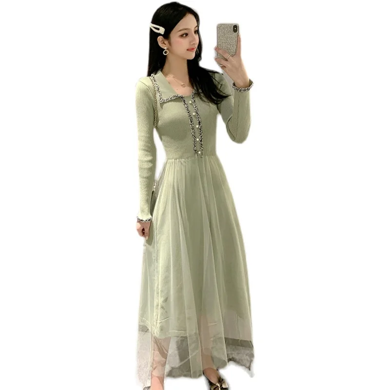 

Fashion Korean Knitted Women Dress 2021 Autumn Winter Version Mesh Temperament Backing Long Sleeve Medium Long Black Dress