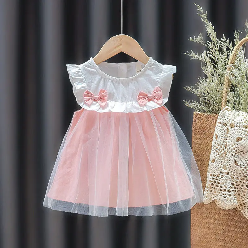 

Летнее платье с бантом и оборками для маленьких девочек, повседневная Милая сетчатая трапециевидная одежда принцессы, наряды на половину д...