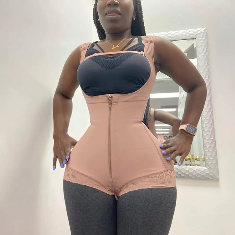 

Women Double Compression Belly Zipper Butt Lifter Body Shaper Garment Adjustable Straps Short Waist Trainer