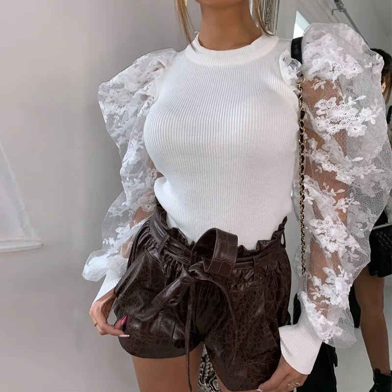 HEYounGIRL Лоскутная кружевная укороченная футболка с пышными рукавами женская белая черная винтажная Элегантная футболка женская облегающая футболка Топы Осень