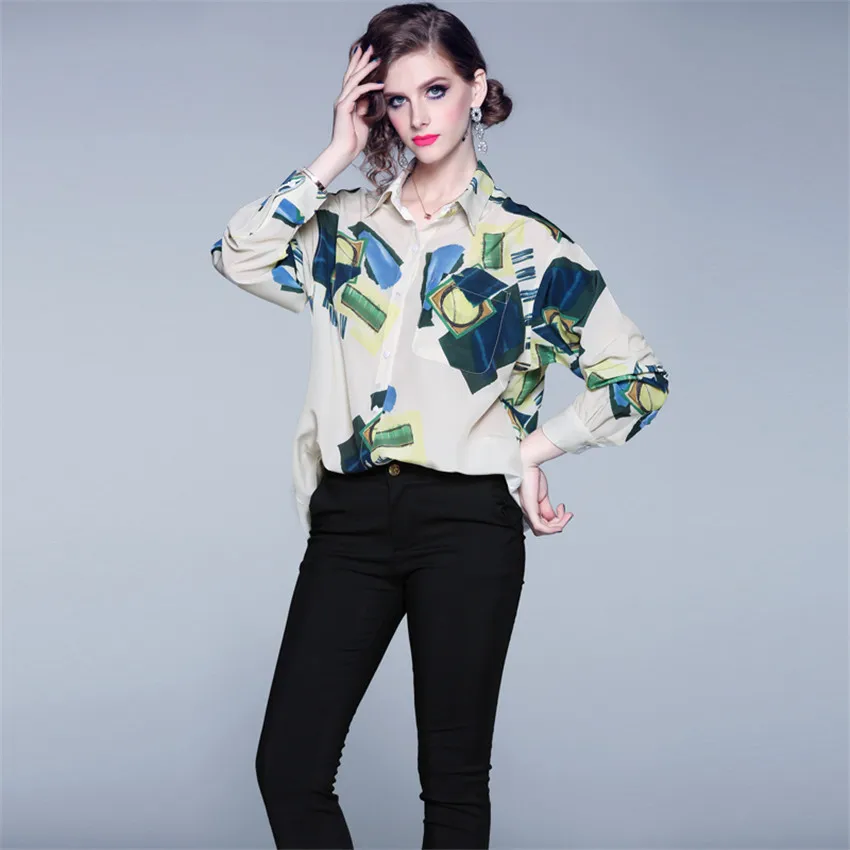 2019 Новая модная Осенняя Повседневная рубашка женская с длинным рукавом принтом