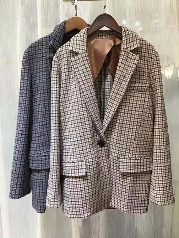 

Women Plaid Suit Jacket Coat 2021 Autumn Winter Notched Single Button Fashion Long Sleeve Loose Office Ladies Warm Coats