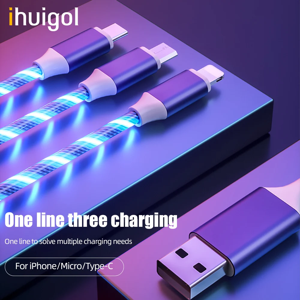 Ihuigol 3 в 1 USB кабель для зарядки телефона светящийся типа C Micro iPhone X 8 Samsung Huawei быстрое